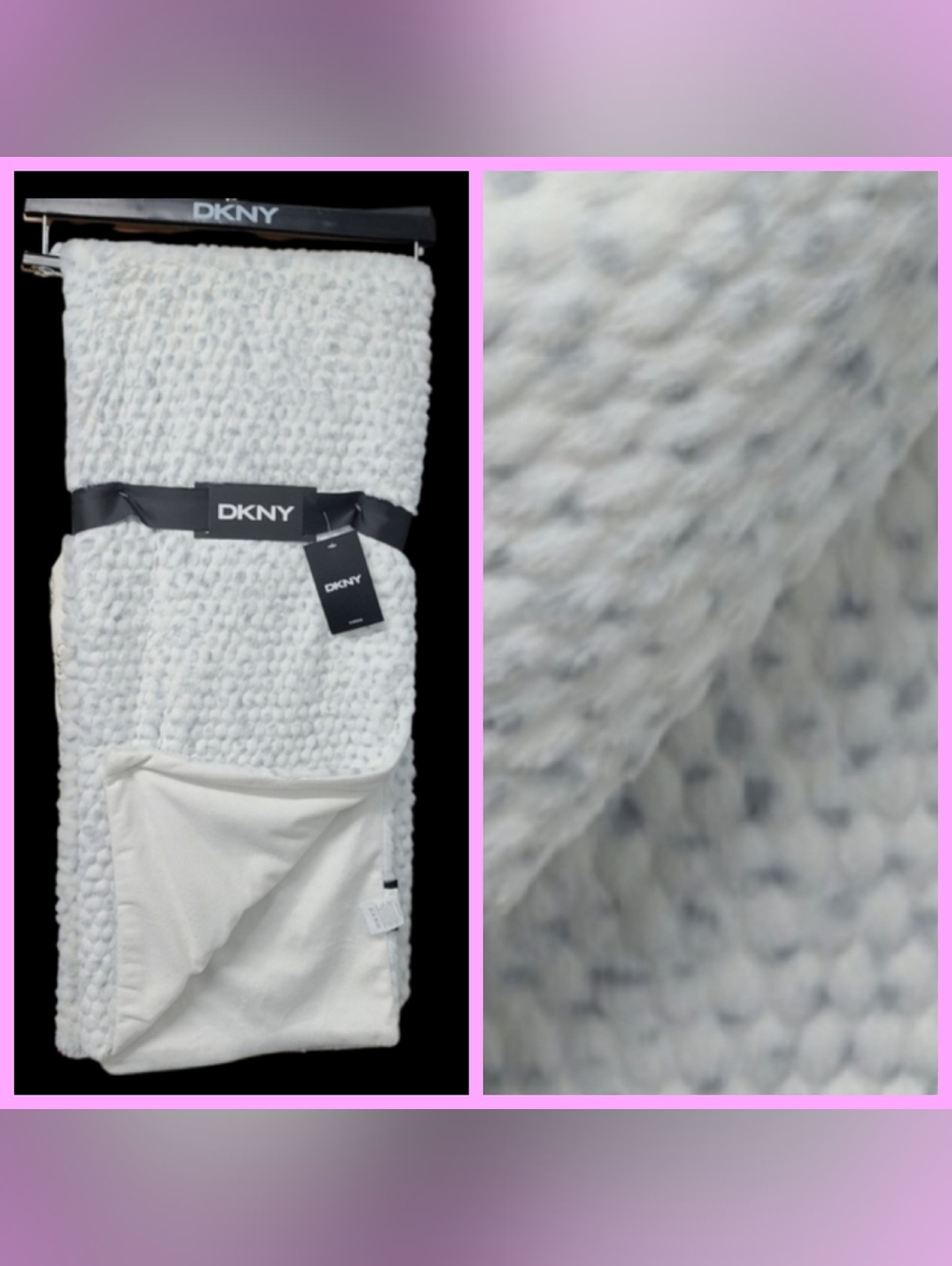 DKNY Luxe White Gray Faux Fur Snow Leopard Throw Blanket Ultra Soft NEW 50"x60"